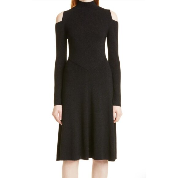 Hugo Boss‎ Frikka Cold Shoulder Wool Blend Dress Black Long Sleeve Mock Neck S - Picture 2 of 9
